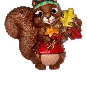 Hallmark Thanksgiving Brooch Pin Squirrel Carrying Fall Leaves, Autumn Colors